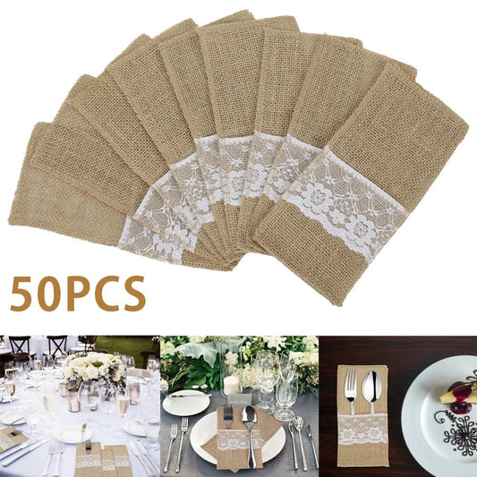 Rustic Burlap Lace Cutlery Pouches for Wedding Tableware & Parties